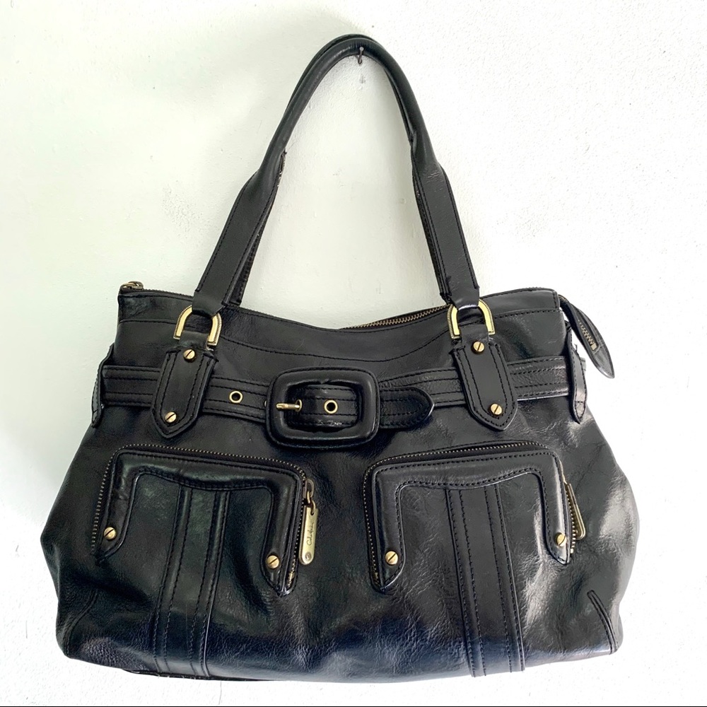 Cole Haan Large Black Leather Aerin Zip Satchel